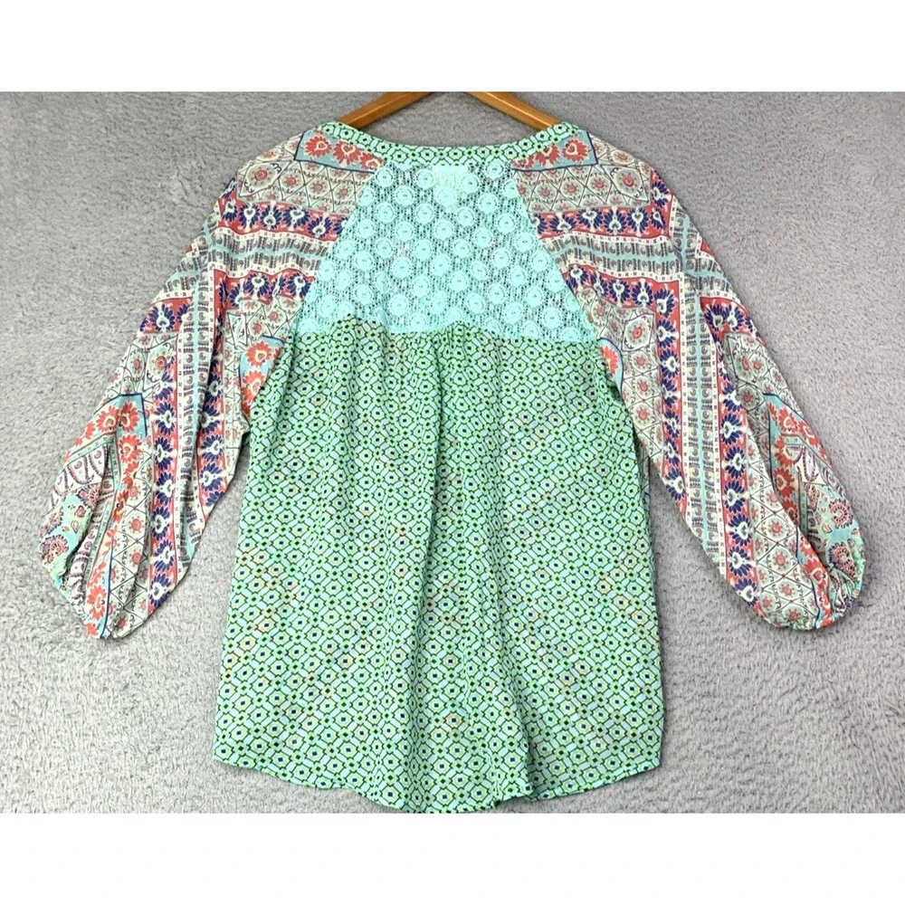 Anthropologie Fig and Flower Blouse Womens Size Medium Teal Multicolor Sheer - Picture 6 of 12